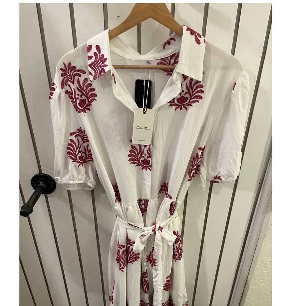 Fashion Space White and Red Embroidered Dress Size 2XL